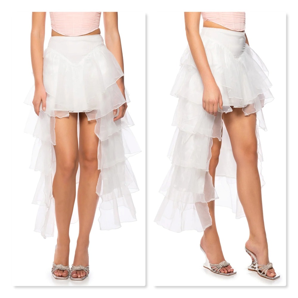 NWT‎ Akira Once Upon A Dream Ruffle Assymetric Maxi Skirt White Large Low High